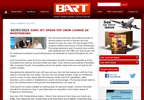 EURO JET OPENS VIP CREW LOUNGE IN MONTENEGRO